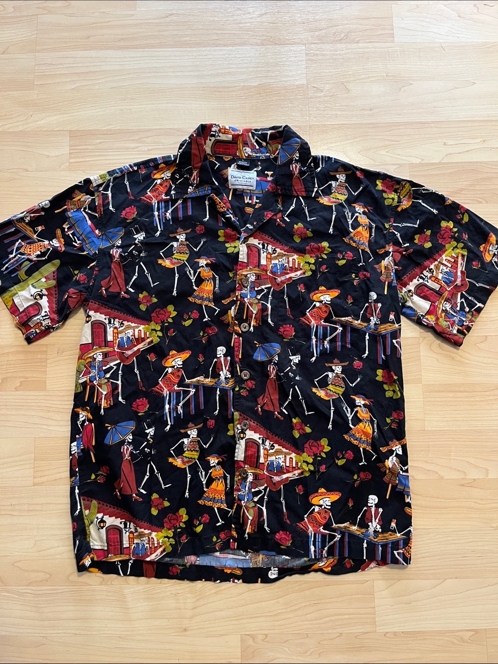 David Carey Originals Skeleton Print Short-Sleeve Camp Shirt Festive Men's L